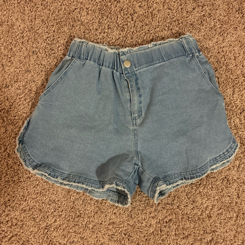 Blue Jean Shorts with Elastic Waistband and Frayed Hem